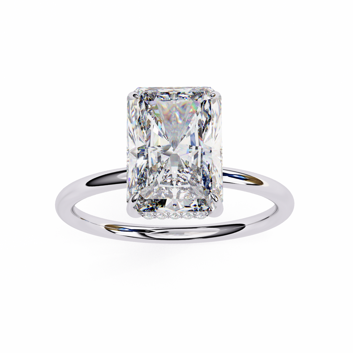 Diamond ring with a rectangular cut gemstone on a white background