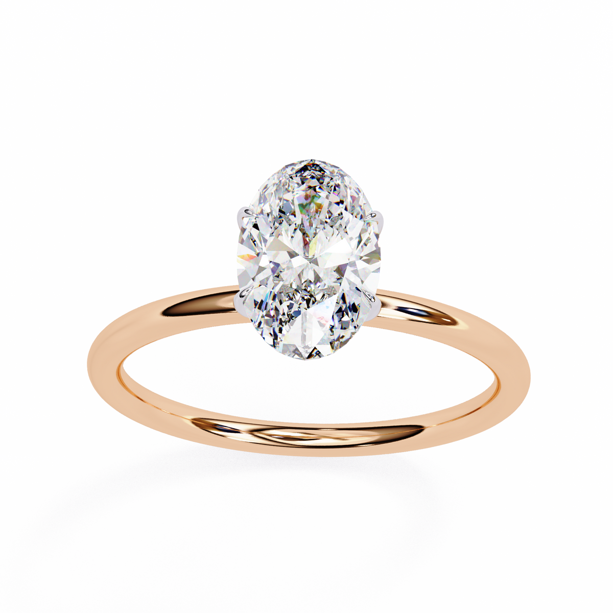 Rose gold ring with a large diamond on a white background
