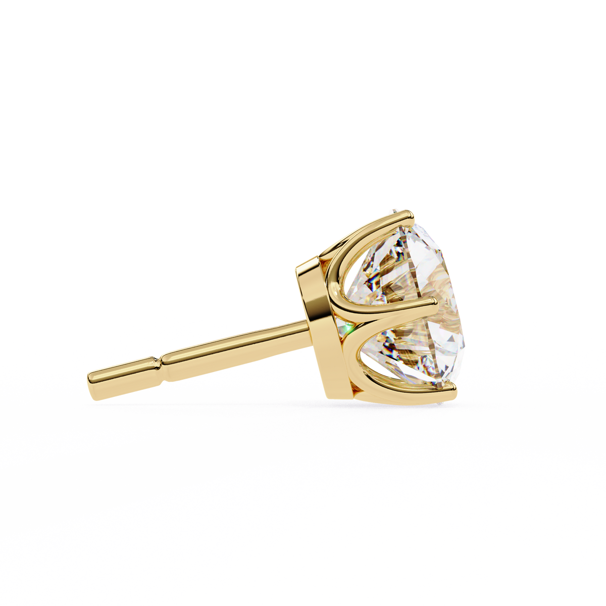Gold stud earring with a clear gemstone on a white background