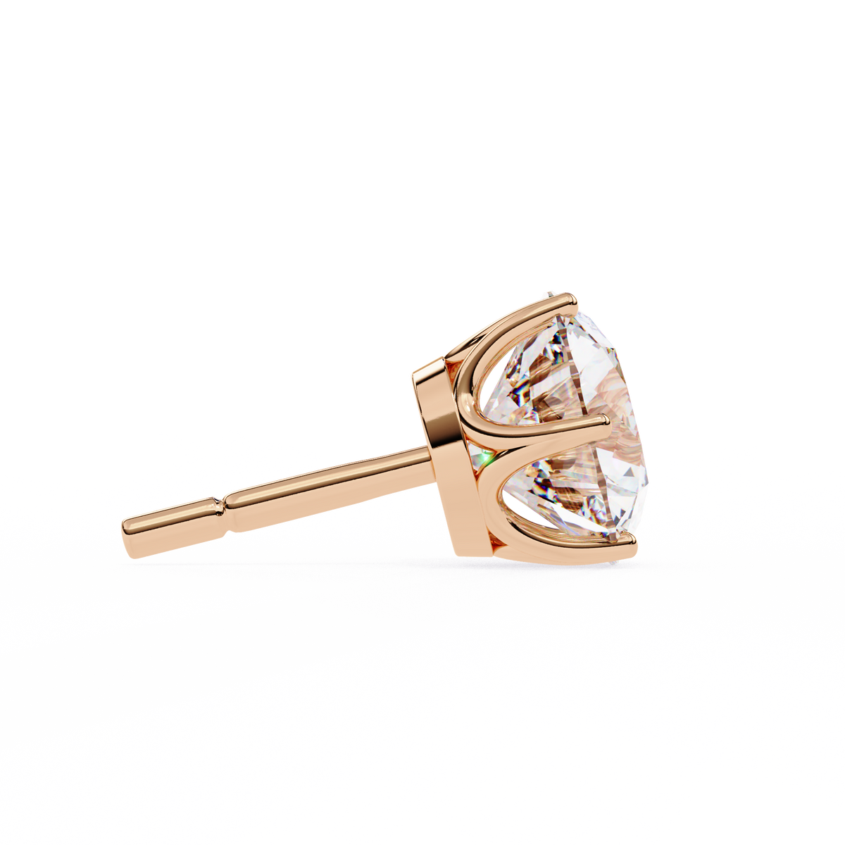 Rose gold stud earring with a clear gemstone on a white background