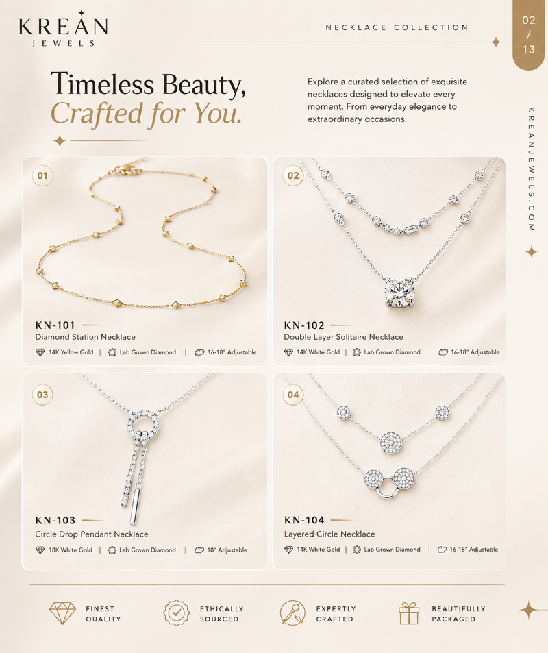 A promotional collage for Krean Jewels showcasing four curated necklace options: KN-101 Diamond Station Necklace in gold, KN-102 Double Layer Solitaire Necklace in white gold, KN-103 Criss Cross Pendant Necklace in white gold, and KN-104 Layered Circle Necklace in white gold. The image features elegant product photos of the necklaces on a warm beige background with descriptive text and product details.