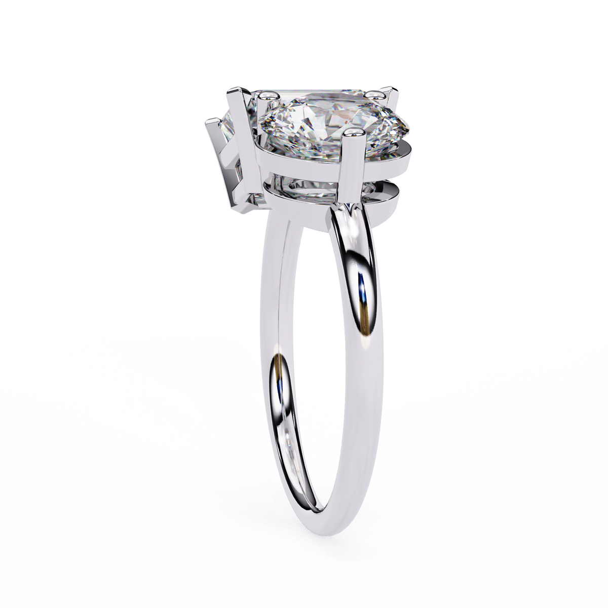 Diamond ring with two rectangular-cut diamonds on a white background