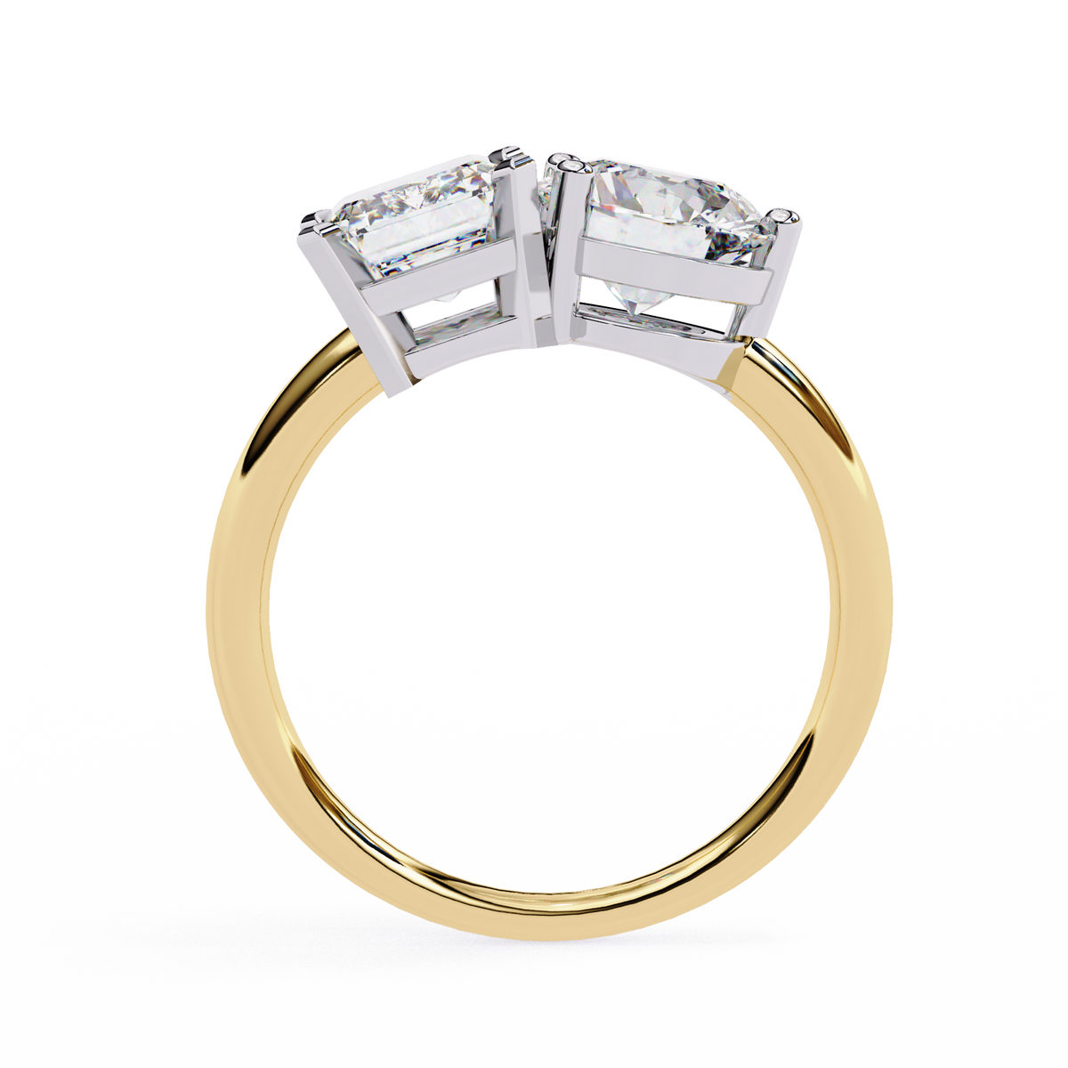 Rose gold ring with two diamond stones on a white background