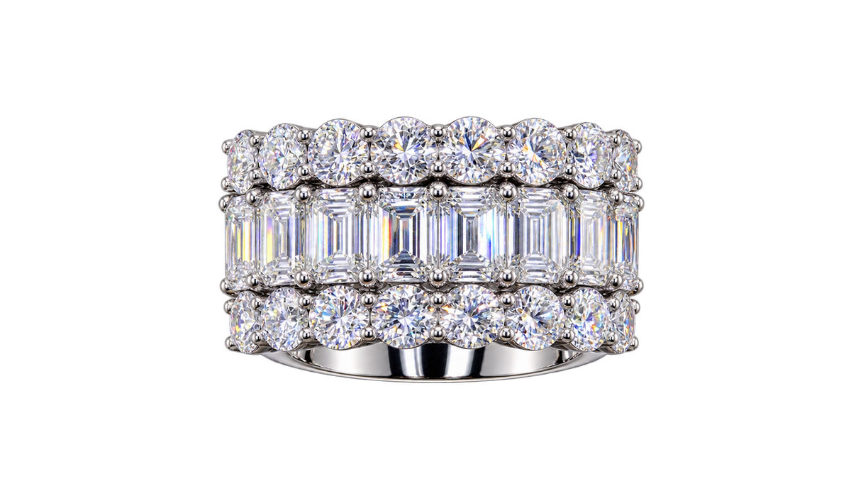Emerald & Round Cut Lab Grown Diamond Three Row Ring