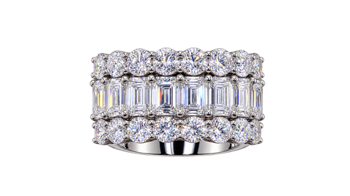 Emerald & Round Cut Lab Grown Diamond Three Row Ring