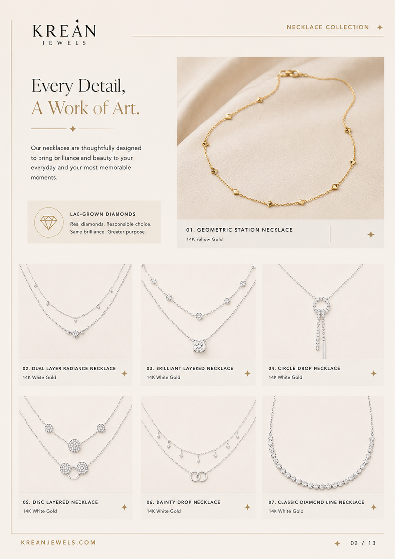 A catalog page from Kreán Jewels showcasing the 'Necklace Collection' with seven different necklace designs. The page features elegant typography, a warm beige background, and clean product photos of gold and silver necklaces, each labeled with its name and material.