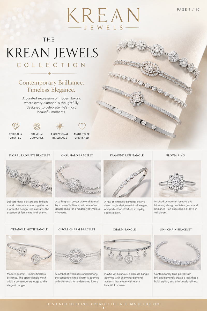 A promotional catalog page for Krean Jewels showcasing the collection, featuring a large close-up of a silver-toned diamond bracelet at the top and a grid of smaller product photos below showing various bracelet and ring styles with names and descriptions.