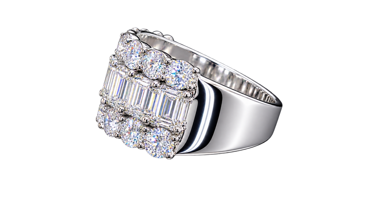 Emerald & Round Cut Lab Grown Diamond Three Row Ring