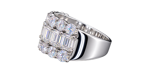 Emerald & Round Cut Lab Grown Diamond Three Row Ring