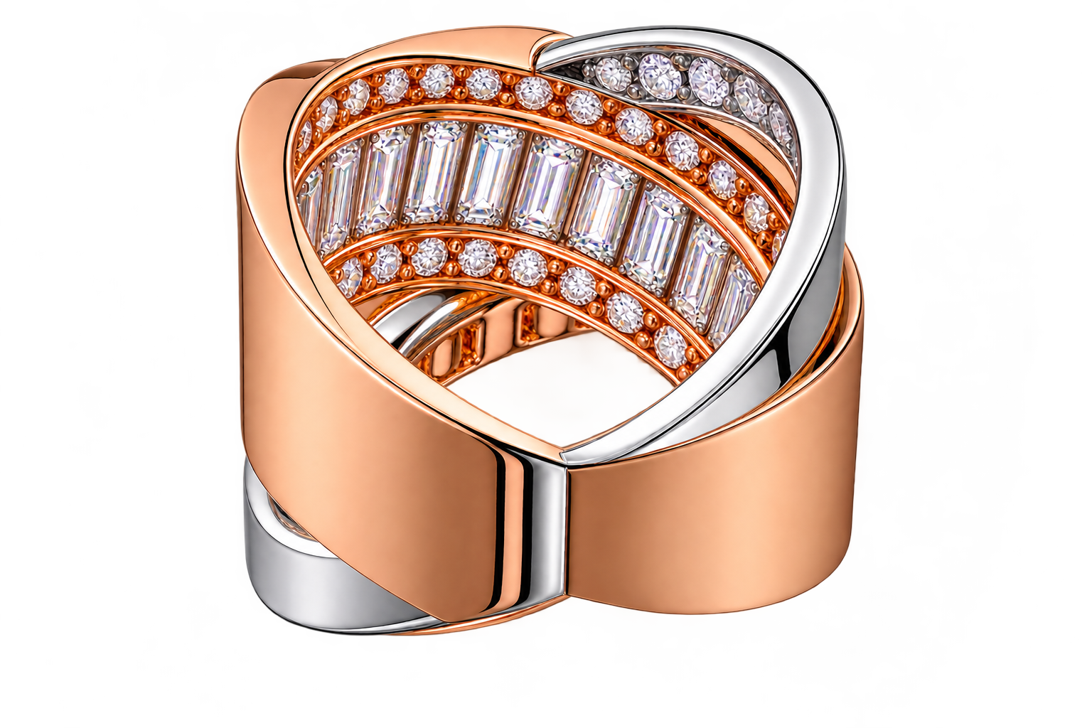 Rose White Crossover Ring with Round and Baguette Cut