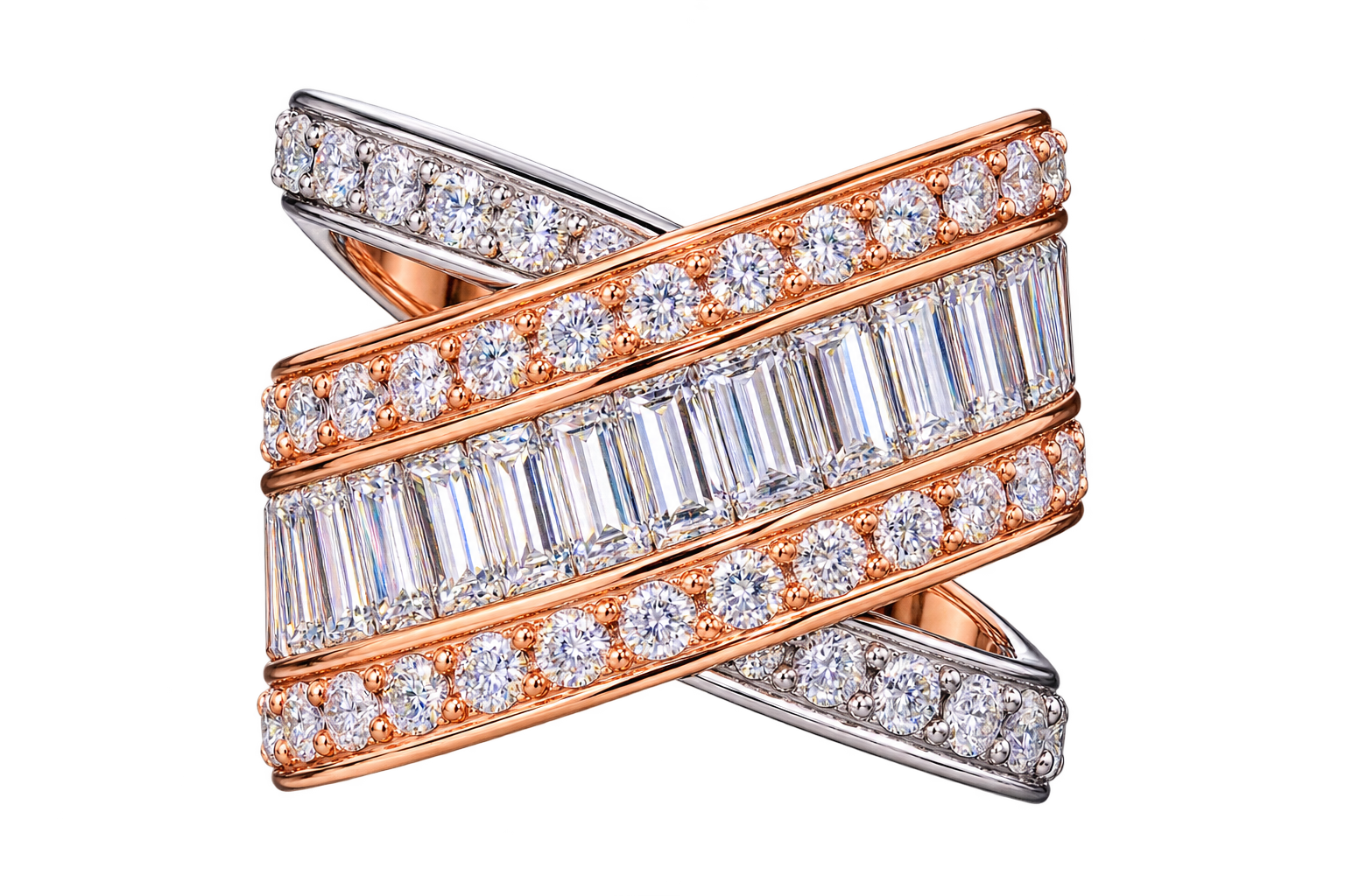 Rose White Crossover Ring with Round and Baguette Cut