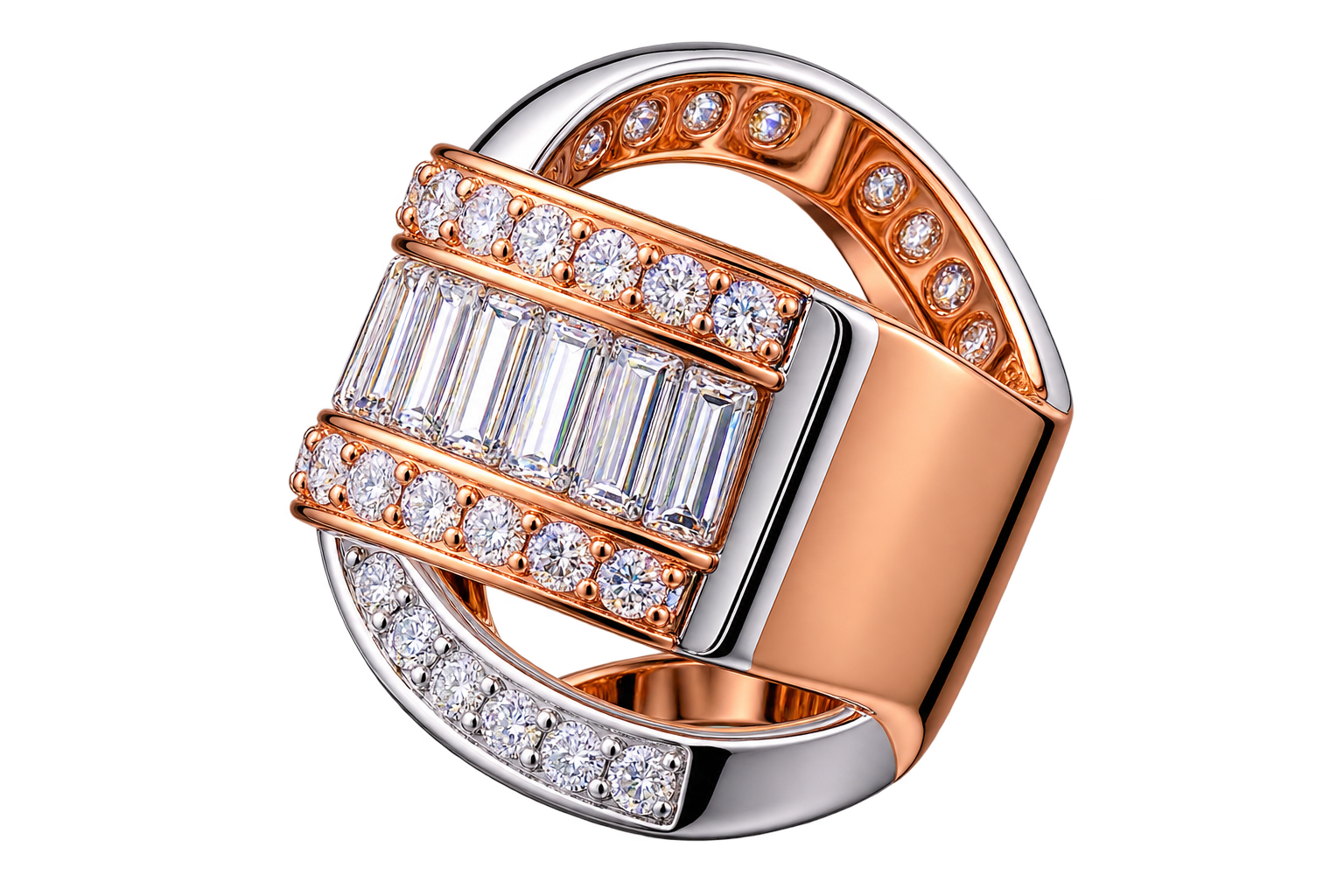Rose White Crossover Ring with Round and Baguette Cut