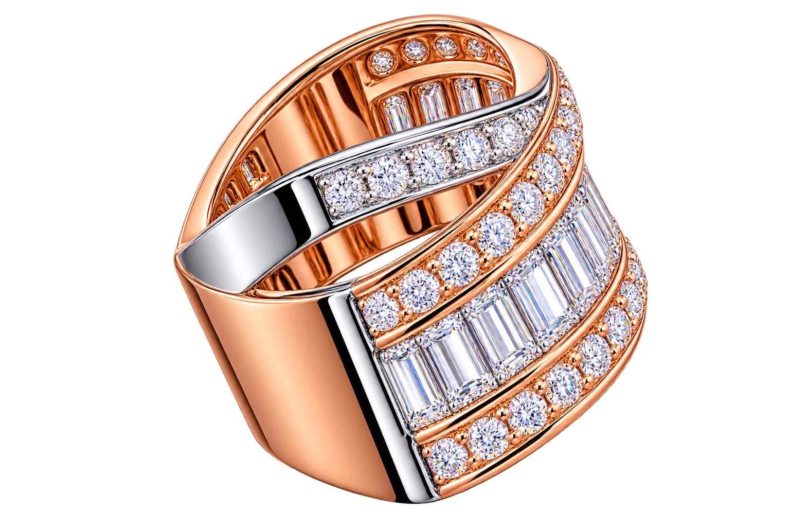 Rose White Crossover Ring with Round and Baguette Cut