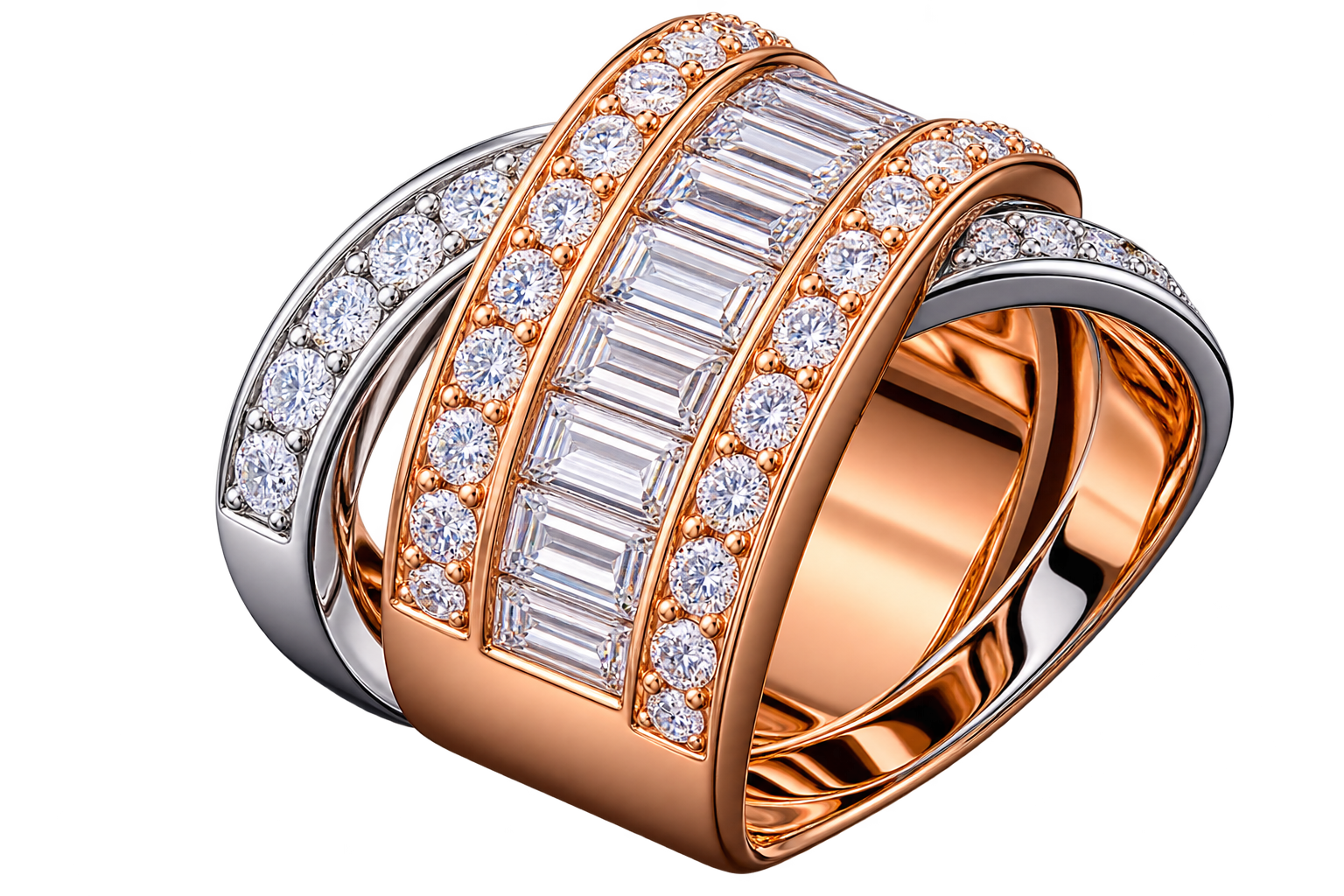 Rose White Crossover Ring with Round and Baguette Cut
