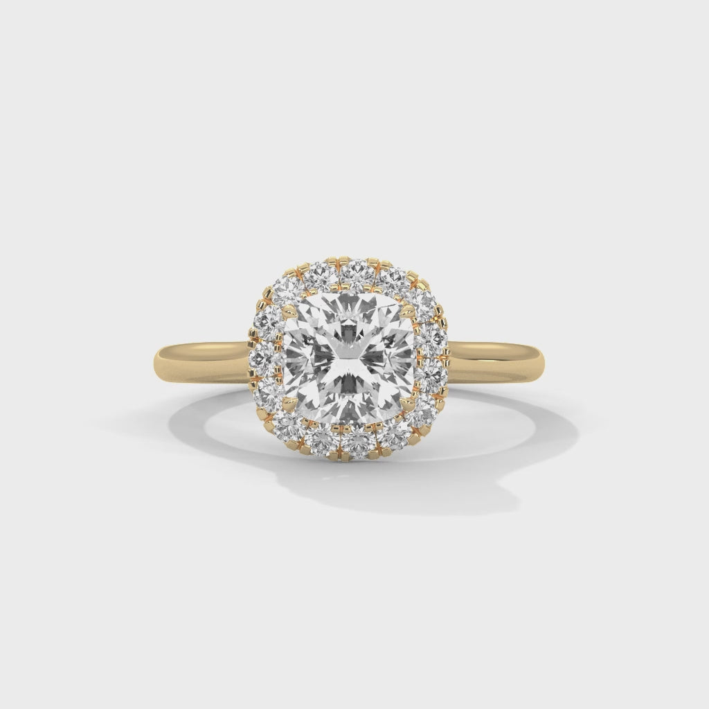 Anillo de compromiso con halo y diamante cultivado en laboratorio de corte cojín