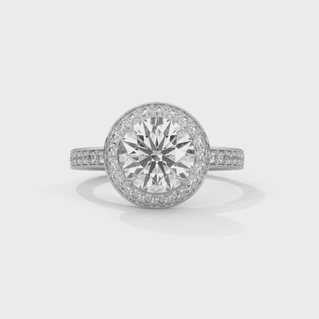 Anillo de compromiso con diamante redondo brillante en halo y galería con micro-pavé