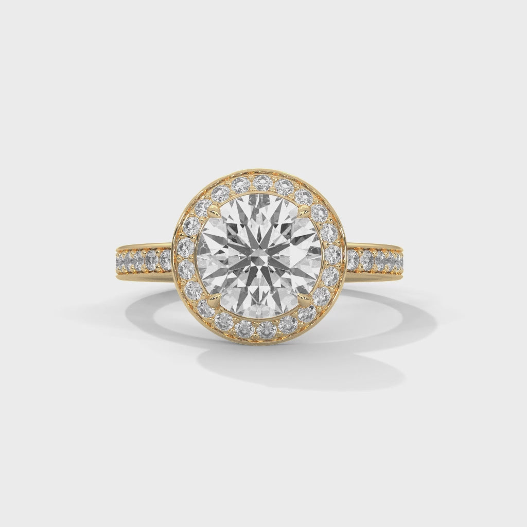 Anillo de compromiso con diamante redondo brillante en halo y galería con micro-pavé