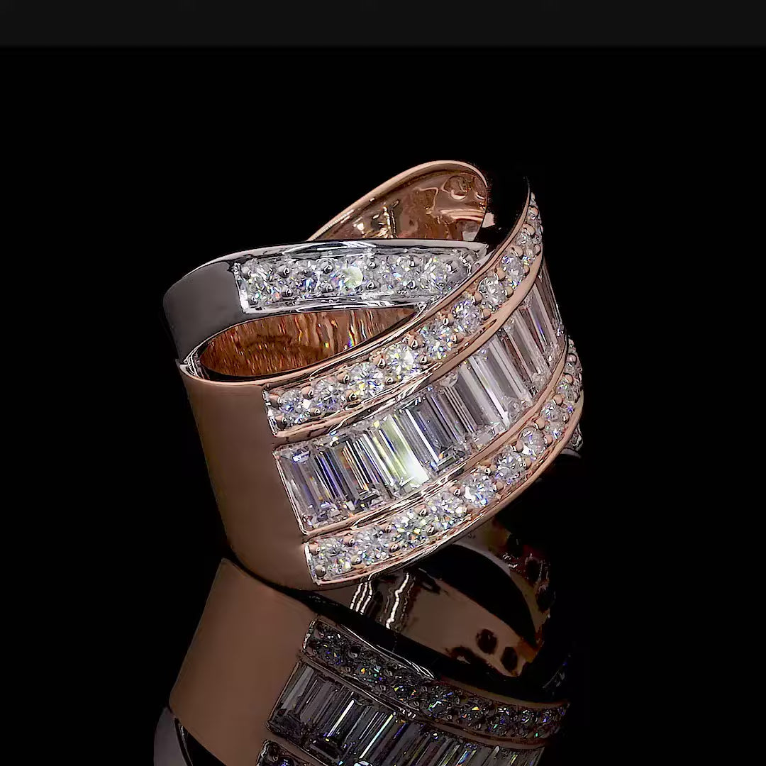 Rose White Crossover Ring with Round and Baguette Cut