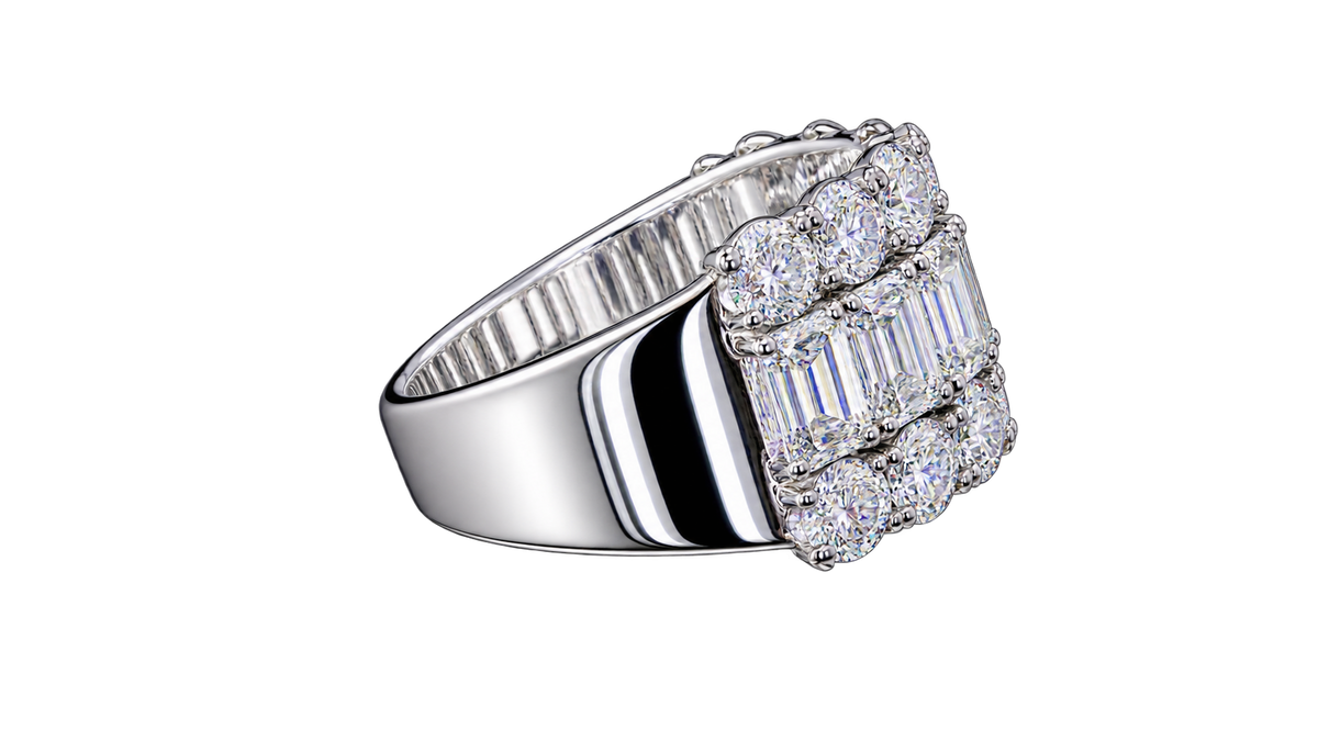 Emerald & Round Cut Lab Grown Diamond Three Row Ring