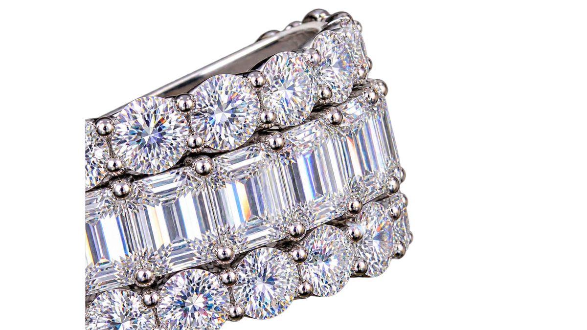 Emerald & Round Cut Lab Grown Diamond Three Row Ring